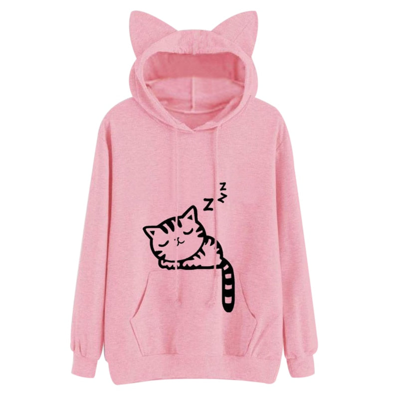 Cat Pattern Long Sleeve Hooded Sweatshirts